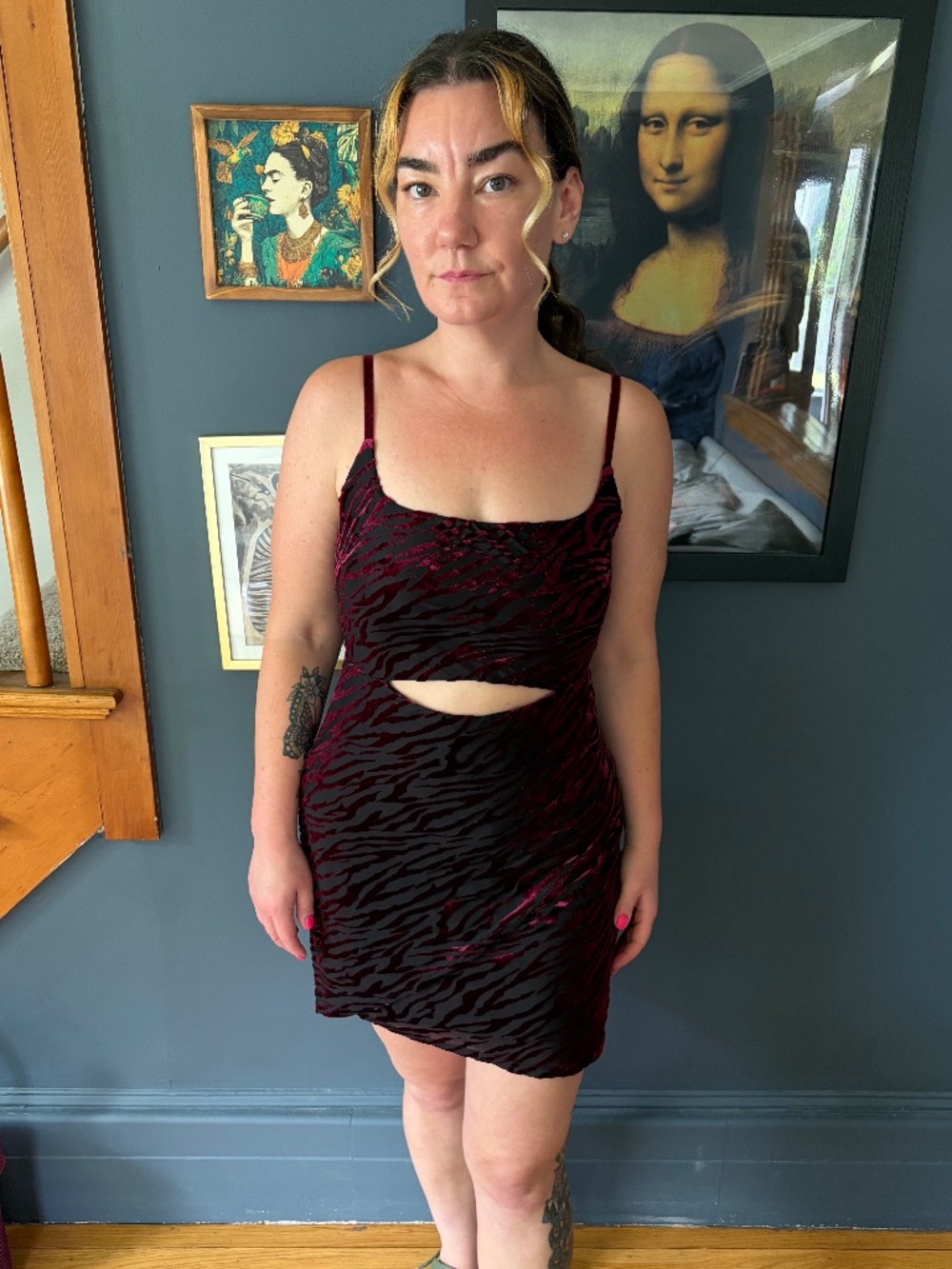 ✨ Lulus Black & Burgundy Velvet Zebra Print Cutout Mini Dress ✨